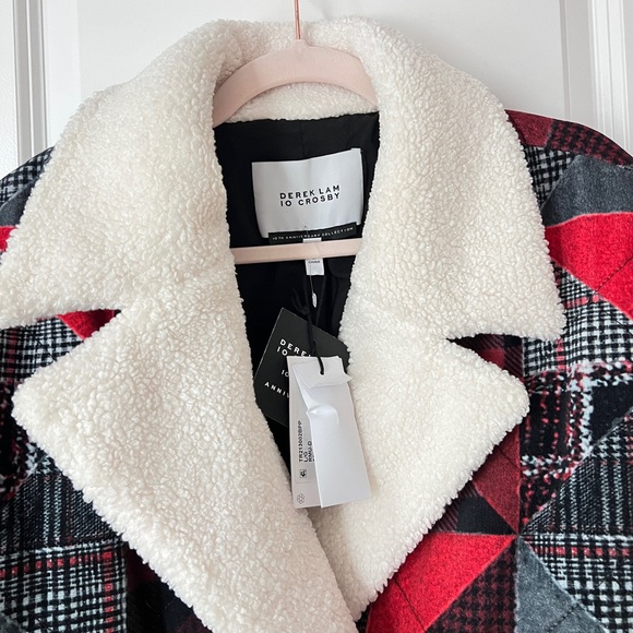 Derek Lam 10 Crosby Hayden Quilted Red Black Faux Fur Coat Peacoat Large - Picture 7 of 11